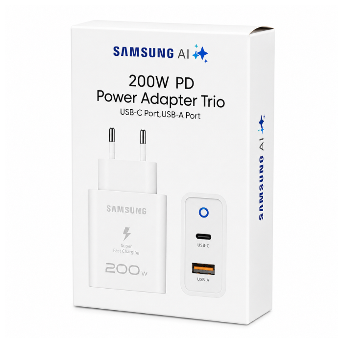 Compatible Samsung AI 200W PD Power Adapter Trio USB-C & USB-A Wall Charger – White / Black