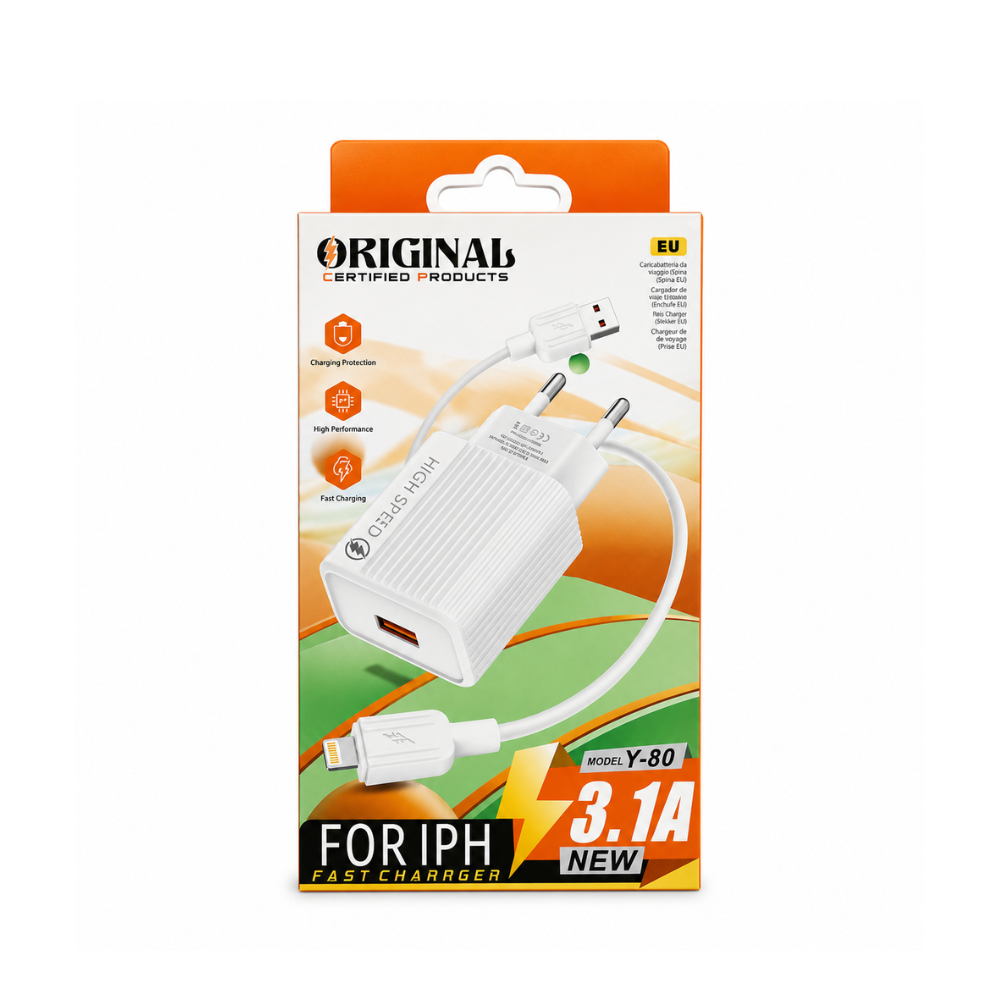 3.1A Lightning Fast Charger Kit with USB wall charger and Lightning cable. Compatible with Lightning devices - White
