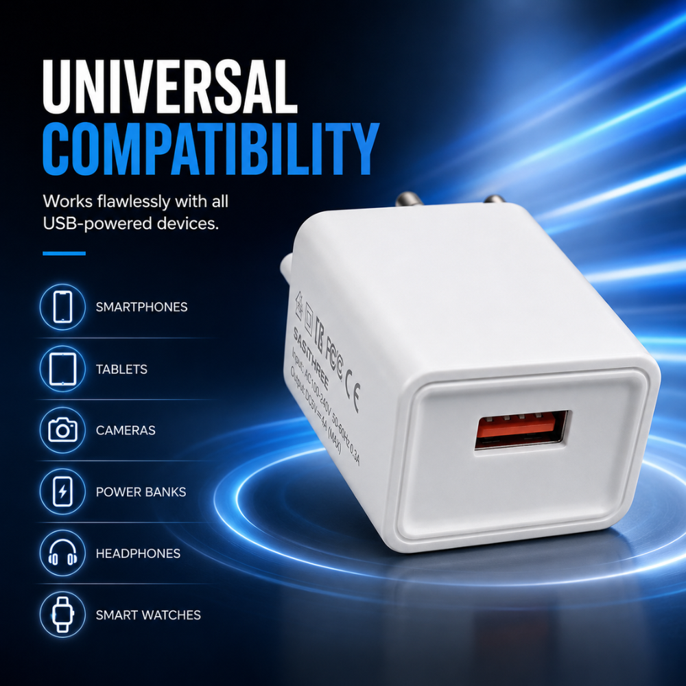 USB wall charger with EU plug and USB-A output - SASATHREE SC01 White, Compact white travel charger for compatible USB-powered devices