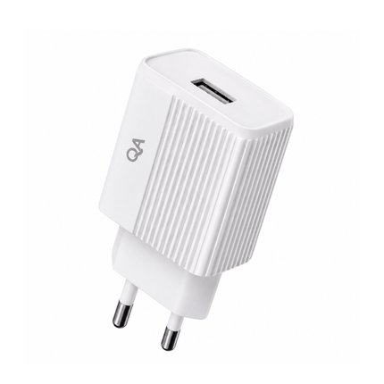 QA-03 USB wall charger with EU plug and USB-A output. Compact 1.4A charging adapter for compatible USB-powered devices - White