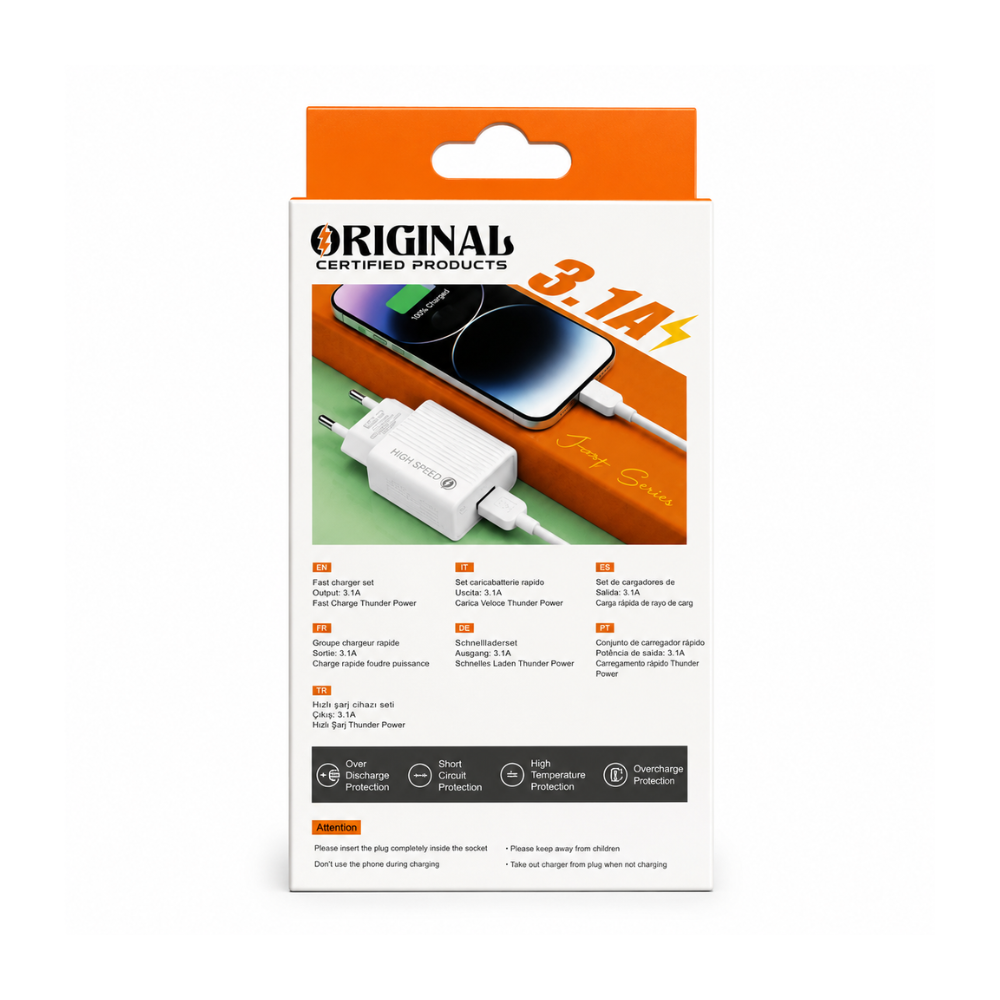 3.1A Lightning Fast Charger Kit with USB wall charger and Lightning cable. Compatible with Lightning devices - White