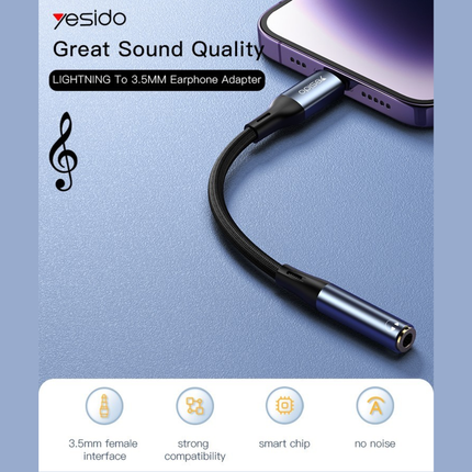 Yesido Lightning to 3.5mm Headphone Jack Adapter Compatible with Lightning Devices, Braided Audio Converter Cable – Grey