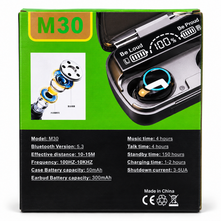M30 Bluetooth 5.3 Wireless Earbuds with Power Bank Function and Digital Display Black