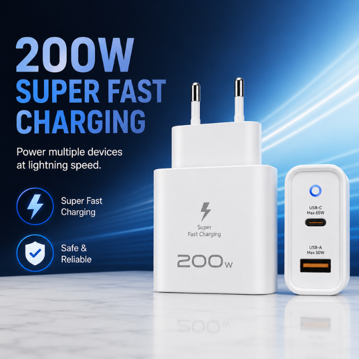 Compatible Samsung AI 200W PD Power Adapter Trio USB-C & USB-A Wall Charger – White / Black