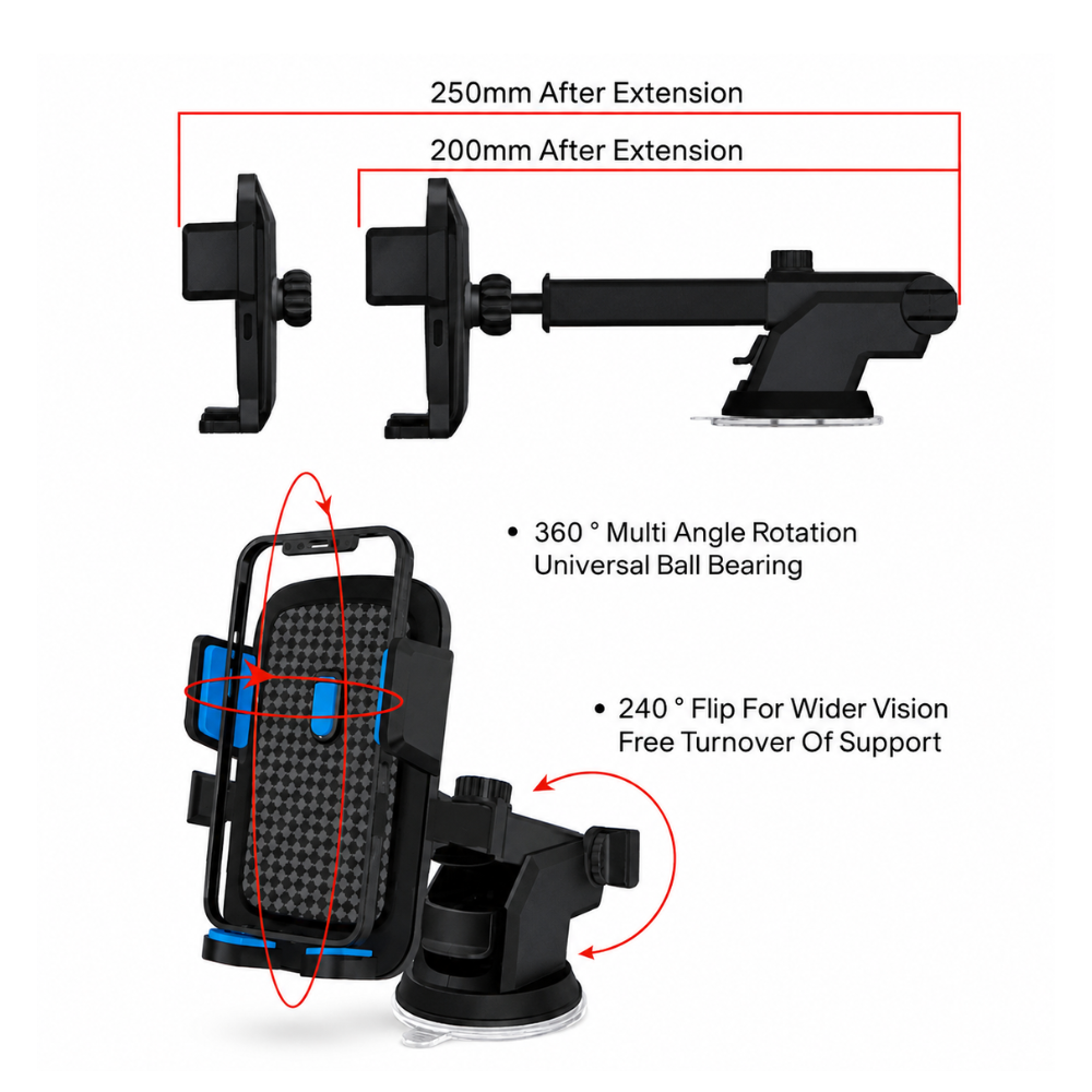 Universal Dashboard & Windscreen Car Phone Holder Adjustable Telescopic Mount - LBT L-2007D2 Black