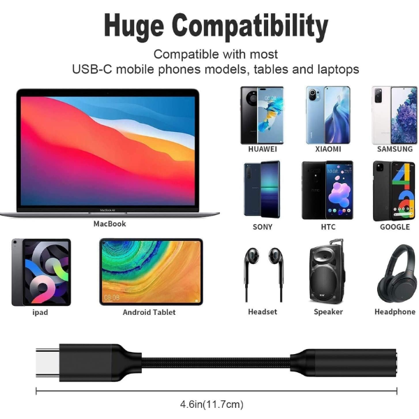 Type-C to 3.5mm Audio Jack Adapter Compatible USB-C Headphone & AUX Converter Black