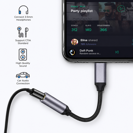Yesido Lightning to 3.5mm Headphone Jack Adapter Compatible with Lightning Devices, Braided Audio Converter Cable – Grey