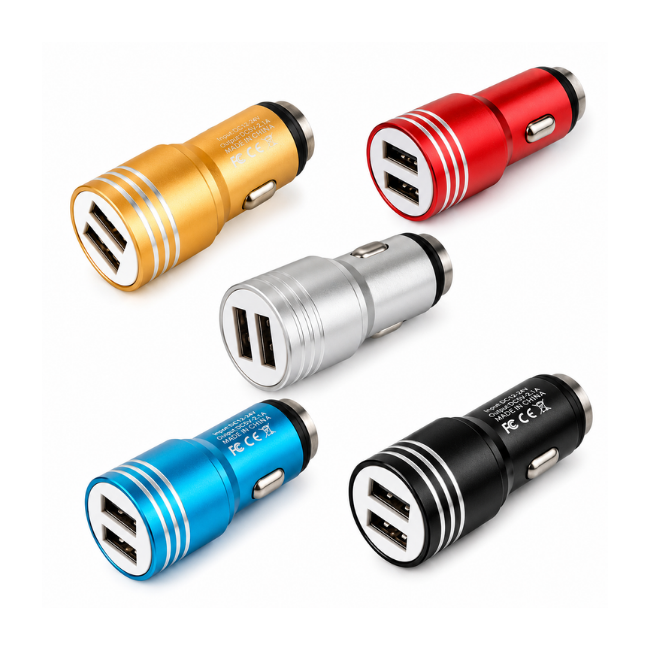 Dual USB Car Charger with Emergency Window Breaker Compatible for iPhone, Samsung & Android – Assorted Colours