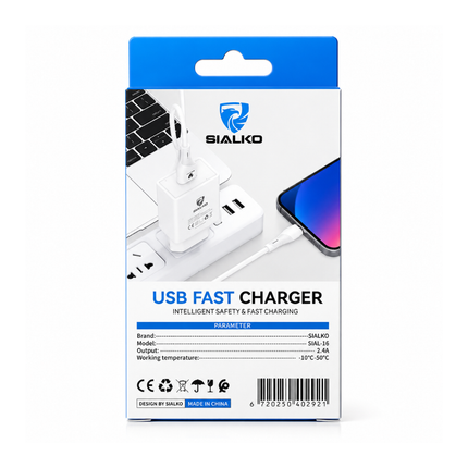 SIALKO 2.4A USB Wall Charger with Lightning Cable – White