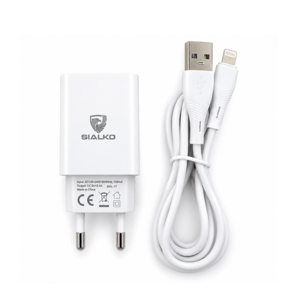 SIALKO 2.4A USB Wall Charger with Lightning Cable – White