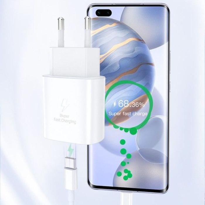 25W USB-C Fast Charging Wall Adapter with USB-C to USB-C Cable Compatible for Samsung & USB-C Devices – White EU Plug