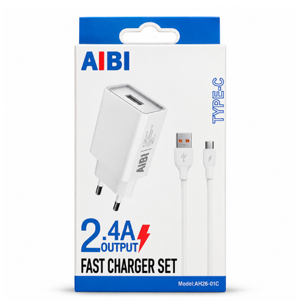 AIBI 2.4A Fast Charger Set with USB-C Cable White