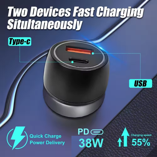38W Dual Port Fast Car Charger USB-C PD & QC3.0 Compatible with iPhone, Samsung & Android Black