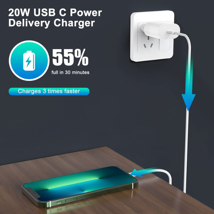 20W USB-C Fast Charging Wall Adapter with USB-C to Lightning Cable Compatible for iPhone & USB-C Devices – White EU Plug