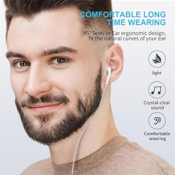iPhone Compatible Wired Earphones with Built-in Microphone & Volume Control White (Pack of 2)