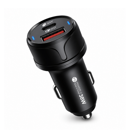 38W Dual Port Fast Car Charger USB-C PD & QC3.0 Compatible with iPhone, Samsung & Android Black