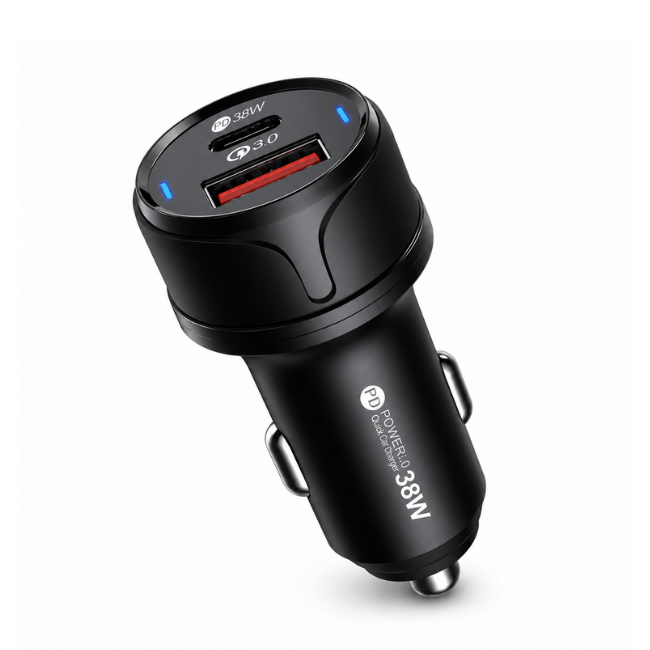 38W Dual Port Fast Car Charger USB-C PD & QC3.0 Compatible with iPhone, Samsung & Android Black