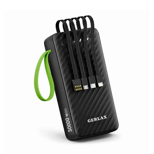 30000mAh Gerlax P322 Power Bank with 4 Built-In Cables and Flashlight Black