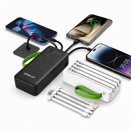 30000mAh Gerlax P322 Power Bank with 4 Built-In Cables and Flashlight Black
