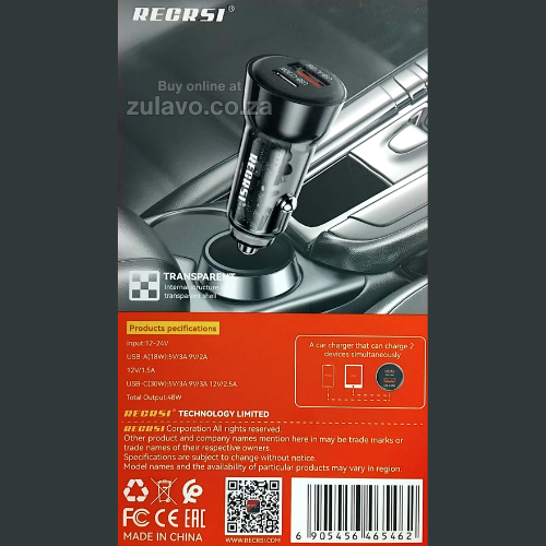 REGRSI CAR-E33 48W USB + Type-C Super Fast Car Charger Adapter Truly fast, efficient, and intelligent in-car charging.