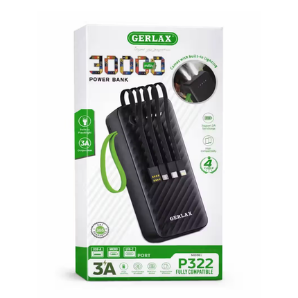 30000mAh Gerlax P322 Power Bank with 4 Built-In Cables and Flashlight Black