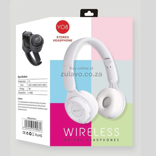YO8 Stereo Wireless Bluetooth Headphones Bluetooth 5.0 connectivity, immersive stereo sound, and a built-in battery
