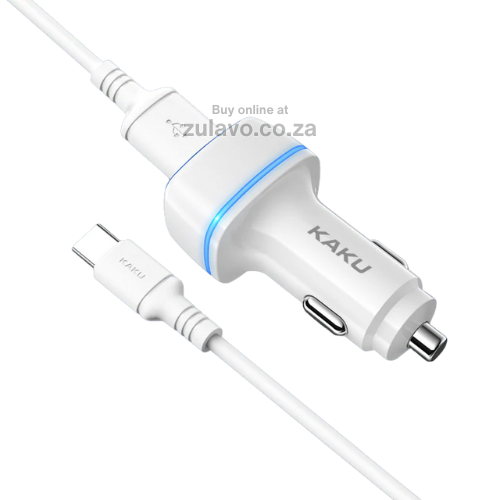 KAKUSIGA KCS-528 Dual USB Car Charger (2.8A Output with Type-C Cable) Supports smartphones, tablets, GPS units, cameras, Bluetooth devices, and more.