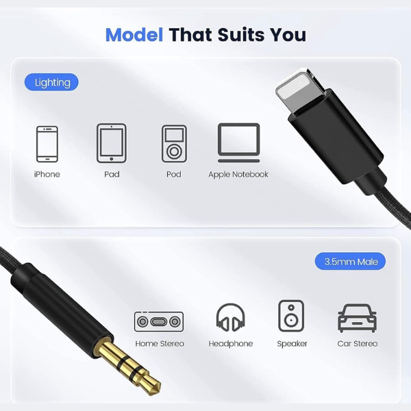 iPhone Lightning to 3.5mm AUX Audio Cable Compatible Adapter Cable 1M Black