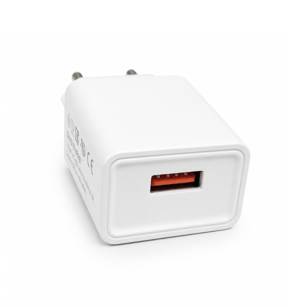 USB wall charger with EU plug and USB-A output - SASATHREE SC01 White, Compact white travel charger for compatible USB-powered devices