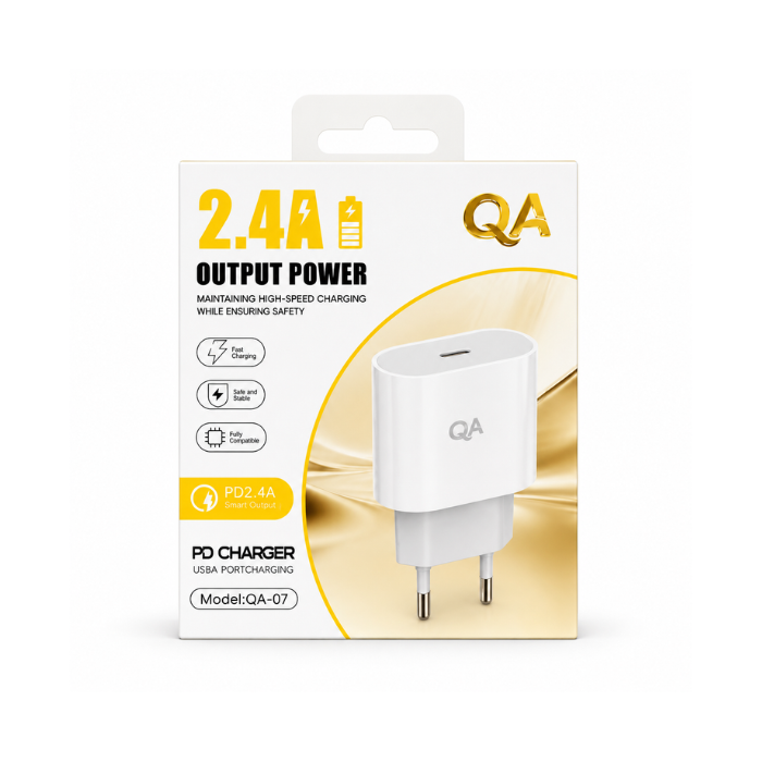 QA-07 USB-C PD wall charger with 2.4A output. Compact single-port charging adapter suitable for compatible USB-C devices - White