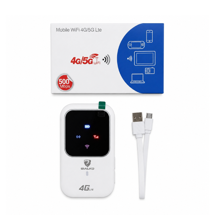 SIALKO 4G LTE Mobile WiFi Router Portable Hotspot with 2400mAh Rechargeable Battery, LCD Display, 2.4GHz/5GHz WiFi, Supports Up to 10 Devices, White