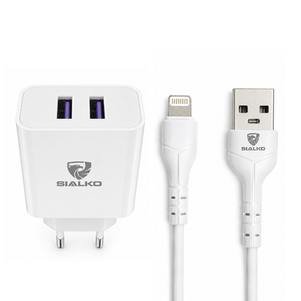 SIALKO 2.4A Dual USB Wall Charger with Lightning Cable – White