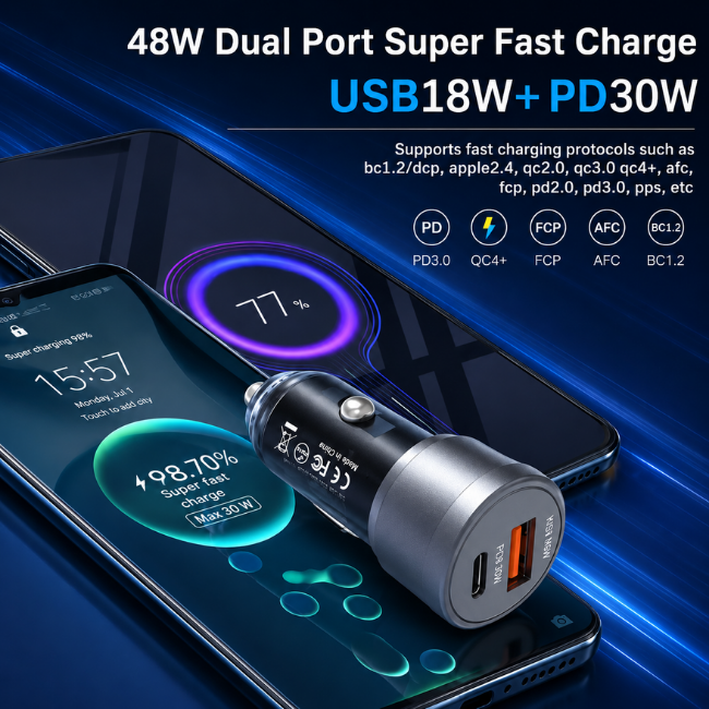 RECRSI 48W Dual Port Fast Car Charger USB-C PD30W & USB QC18W Black