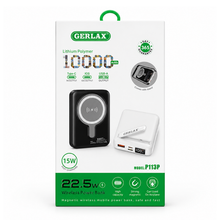 GERLAX P113P 10000mAh Magnetic Wireless Power Bank – 22.5W, 15W Wireless Charging, Digital Display & Stand