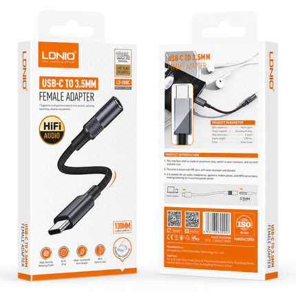 LDNIO LS-Y80C USB-C to 3.5mm Female Audio Adapter Cable Hi-Fi Braided Grey