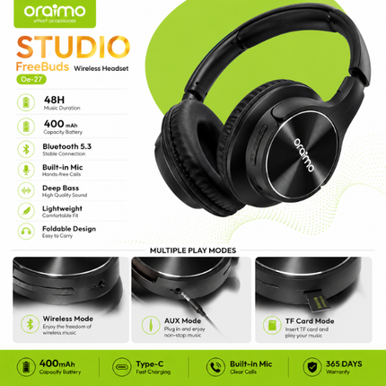Oraimo Studio FreeBuds OR-27 Wireless Bluetooth Headphones with 48H Playtime Black