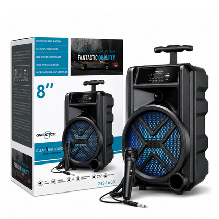 Greatnice GTS-1630 8 Inch Portable Wireless Speaker with Wired Microphone, FM Radio, USB and Micro SD Support, Rechargeable Battery, Black