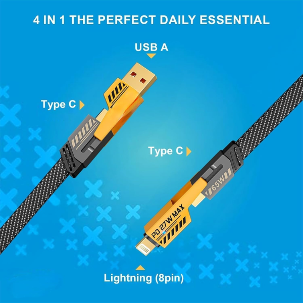 4-in-1 Fast Charging Cable Compatible for USB-A & USB-C to Type-C & Lightning Connector 65W Nylon Braided Black