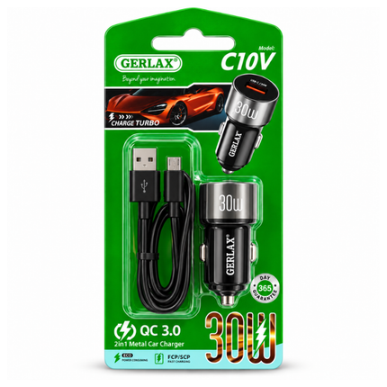 GERLAX C10V 30W QC 3.0 USB Car Charger with USB-A to Micro USB Cable and USB Adapter
