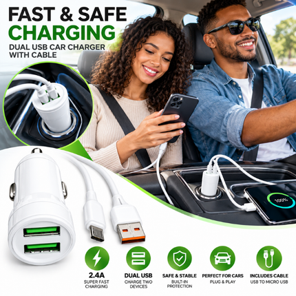 VDENMEN DZ20V Dual USB Car Charger 2.4A with Micro USB Cable White
