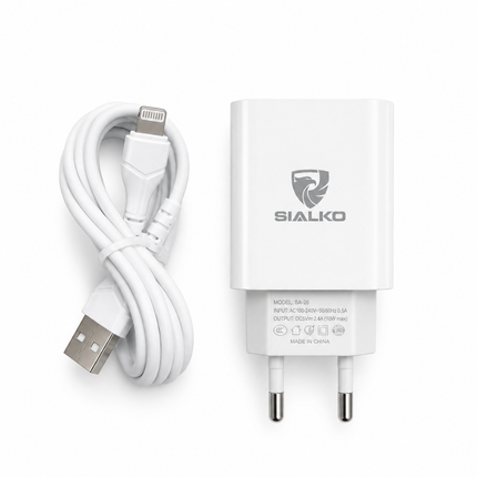 SIALKO 2.4A Dual USB Wall Charger with Lightning Cable – White