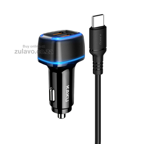 KAKUSIGA KCS-528 Dual USB Car Charger (2.8A Output with Type-C Cable) Supports smartphones, tablets, GPS units, cameras, Bluetooth devices, and more.