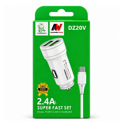 VDENMEN DZ20V Dual USB Car Charger 2.4A with Micro USB Cable White