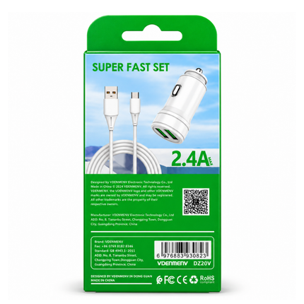 VDENMEN DZ20V Dual USB Car Charger 2.4A with Micro USB Cable White