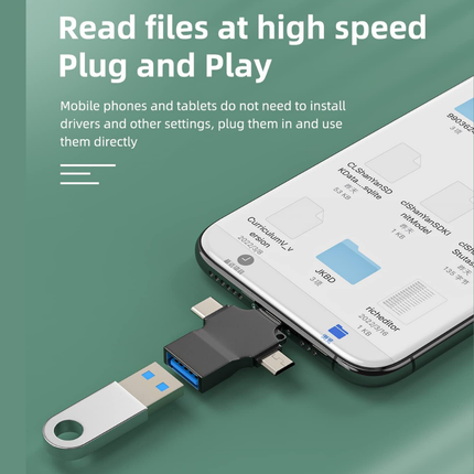 3-in-1 USB OTG Adapter USB-A 3.0 Female to USB-C Micro USB and Lightning Male Connectors Black