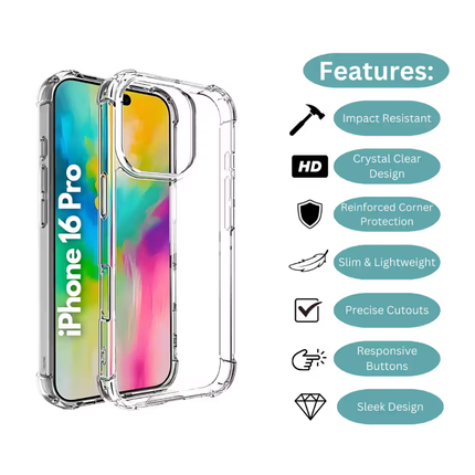 iPhone 16 Pro Compatible Clear Shockproof TPU PC Case with Airbag Corners