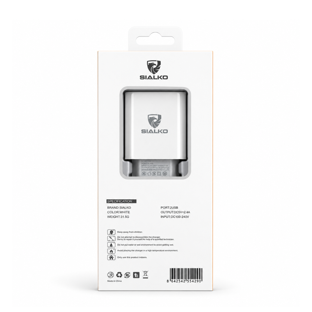 SIALKO 2.4A Dual USB Wall Charger with Lightning cable, compact design, and suitable for compatible Lightning devices - White
