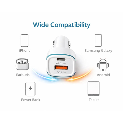 45W Dual Port Fast Car Charger USB-C PD 25W & QC3.0 Compatible with iPhone, Samsung, iPad & Android White