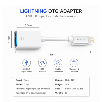 Yesido GS10 Lightning OTG Adapter USB 3.0 15cm White