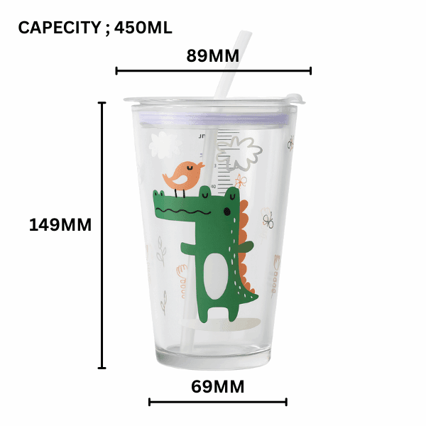 Sip Smart, Sip Fun Eco-Friendly Glass Tumbler - Crocodile and Bird Design, 450ml